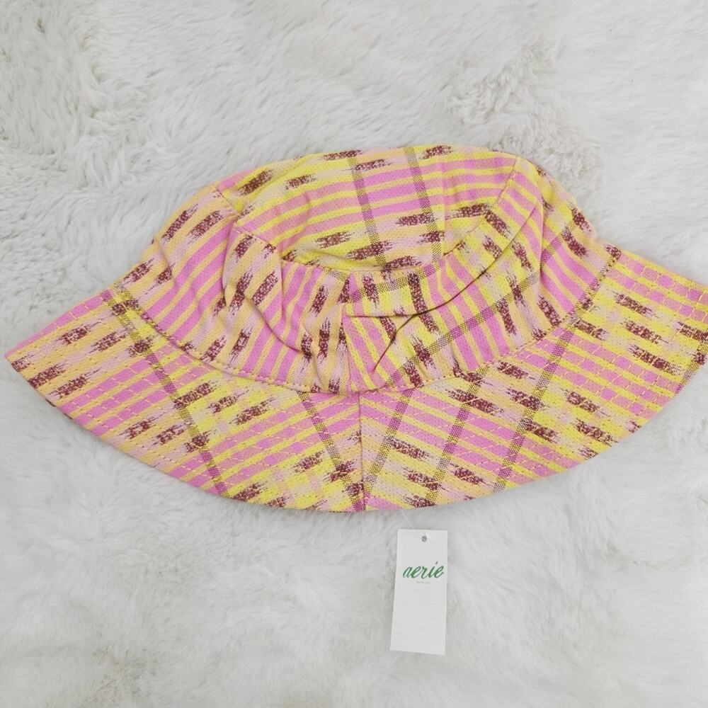 Aerie Pink and Yellow Plaid Reversible Bucket Hat One Size Cotton Sun Cap NWT